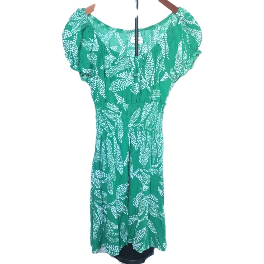 Anthropologie Kindred Boho smocked rayon Sz M maxi Green botanical leaf Dot